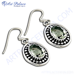 Load image into Gallery viewer, 925 sterling silver dangle earrings with oval-cut green amethyst gemstones