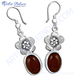 Load image into Gallery viewer, 925 sterling silver drop earrings with flower design and oval brown gemstone.
