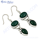 Load image into Gallery viewer, 925 sterling silver drop earrings with oval and teardrop-shaped green onyx gemstones.