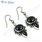Load image into Gallery viewer, 925 sterling silver drop earrings with oval and teardrop-shaped black onyx gemstones.