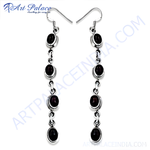 Load image into Gallery viewer, 925 sterling silver dangle earrings with oval black gemstones, perfect for any occasion.