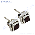 Load image into Gallery viewer, 925 sterling silver stud earrings with square-cut red garnet gemstones.