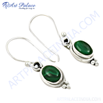 Load image into Gallery viewer, 925 sterling silver dangle earrings with oval green malachite gemstones