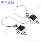 Load image into Gallery viewer, 925 sterling silver iolite dangle earrings for women with square cut blue gemstones.