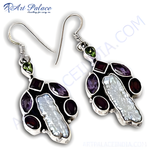 Load image into Gallery viewer, Sterling silver drop earrings featuring amethyst, peridot, and freshwater pearl gemstones.