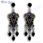 Load image into Gallery viewer, 925 sterling silver chandelier earrings with multiple gemstones in purple, green, and red colors