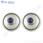 Load image into Gallery viewer, 925 silver round stud earrings with a vibrant blue gemstone in the center, for women