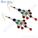 Load image into Gallery viewer, 925 sterling silver dangle earrings with red, green, black and blue gemstones.