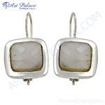 Load image into Gallery viewer, 925 sterling silver drop earrings with square moonstone gemstones, white background.