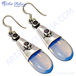 Load image into Gallery viewer, 925 sterling silver drop earrings with blue opalite gemstone and garnet accents