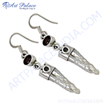 Load image into Gallery viewer, Sterling silver drop earrings with white pearl drops and red garnet gemstones.