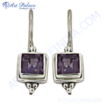 Load image into Gallery viewer, 925 sterling silver dangle earrings featuring square-cut purple amethyst gemstones for women.