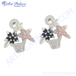 将图像加载到图库查看器中, Silver stud earrings featuring a flower basket design with multicolored gemstones.