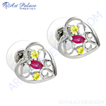 Load image into Gallery viewer, Silver heart stud earrings featuring ruby and yellow gemstones, perfect for women.