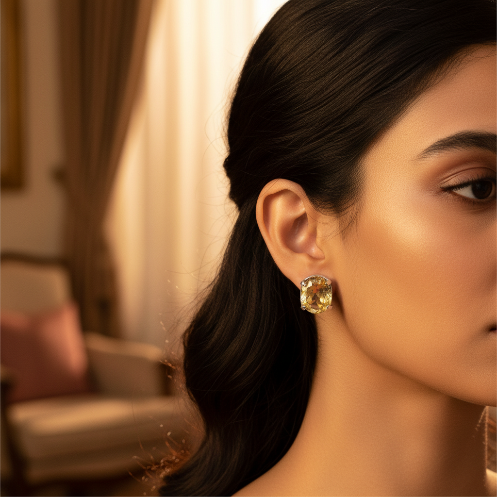Sterling silver stud earrings with oval cut yellow citrine gemstones