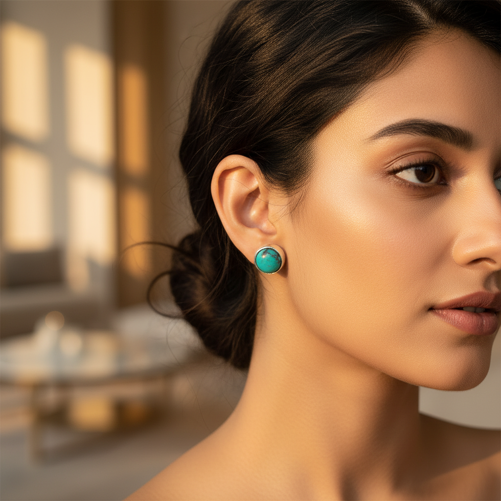 Sterling silver stud earrings with round turquoise gemstones
