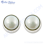 Load image into Gallery viewer, Round pearl stud earrings in silver setting, classic jewelry for women