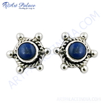 Load image into Gallery viewer, 925 Sterling Silver stud earrings with a round, blue lapis lazuli gemstone center, a beautiful addition to any jewelry collection.
