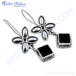 Load image into Gallery viewer, 925 sterling silver drop earrings featuring a flower design and black stone accents