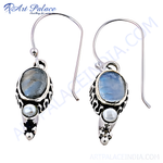 Load image into Gallery viewer, 925 sterling silver moonstone dangle earrings with freshwater pearl accents for women.