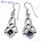 将图像加载到图库查看器中, Sterling silver dangle earrings with a Celtic knot design and square amethyst gemstones.