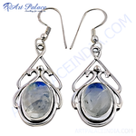 Load image into Gallery viewer, 925 sterling silver drop earrings with oval moonstone gemstones and an ornate art deco design.
