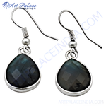 Load image into Gallery viewer, 925 sterling silver labradorite teardrop dangle earrings with iridescent blue-green gemstones.