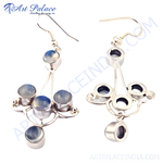 Load image into Gallery viewer, 925 sterling silver dangle earrings with round moonstone gemstones, a beautiful and elegant jewelry piece.
