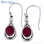 Load image into Gallery viewer, 925 sterling silver drop earrings with a round ruby gemstone in a teardrop design