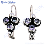 Load image into Gallery viewer, 925 sterling silver drop earrings with four amethyst gemstones, purple stone earrings for women.