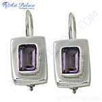 Load image into Gallery viewer, 925 silver drop earrings featuring a rectangular amethyst gemstone in a modern design, purple gemstone earrings
