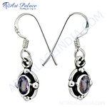 Load image into Gallery viewer, 925 sterling silver drop earrings featuring oval amethyst gemstones, set in a polished silver setting.