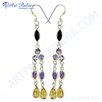 Load image into Gallery viewer, Sterling silver dangle earrings with purple and yellow gemstones, perfect for any occasion.