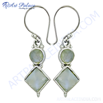 Load image into Gallery viewer, Sterling silver dangle earrings with round and square moonstone gemstones, light green color