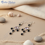 Load image into Gallery viewer, 925 Silver Amethyst & Black Onyx Drop Earrings for Women