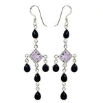 Load image into Gallery viewer, 925 Silver Amethyst & Black Onyx Drop Earrings for Women