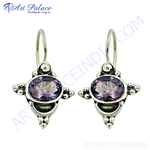 Load image into Gallery viewer, 925 sterling silver drop earrings with oval amethyst gemstones, purple color and intricate detailing.
