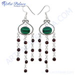 Load image into Gallery viewer, 925 sterling silver drop earrings featuring malachite gemstones and garnet bead accents, perfect for women.