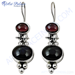 Load image into Gallery viewer, 925 sterling silver drop earrings with red garnet and black onyx gemstones.