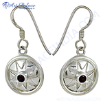 Load image into Gallery viewer, 925 sterling silver dangle earrings featuring a red garnet gemstone with starburst design