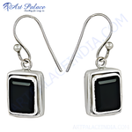 Load image into Gallery viewer, 925 sterling silver dangle earrings with rectangular black onyx gemstone.