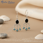 将图像加载到图库查看器中, 925银蓝色托帕石和缟玛瑙吊坠耳环(女士款)