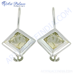 Load image into Gallery viewer, 925 sterling silver dangle earrings with square-cut lemon quartz gemstones.