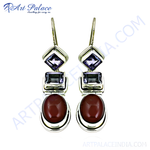 Load image into Gallery viewer, 925 sterling silver drop earrings featuring amethyst and red-brown gemstones for women.