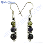 Load image into Gallery viewer, 925 sterling silver drop earrings with green, purple and black gemstones, perfect for any occasion.