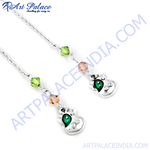 将图像加载到图库查看器中, 925 silver dangle earrings featuring cow charms with green gemstone accents and colorful crystal beads.