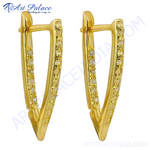 Load image into Gallery viewer, Gold V-shaped hoop earrings with sparkling cubic zirconia stones, perfect for women.