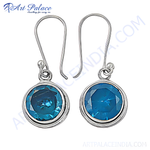 将图像加载到图库查看器中, 925 sterling silver dangle earrings with round faceted blue topaz gemstones.