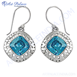 将图像加载到图库查看器中, 925 sterling silver drop earrings with square cut blue topaz gemstones. Silver gemstone earrings.
