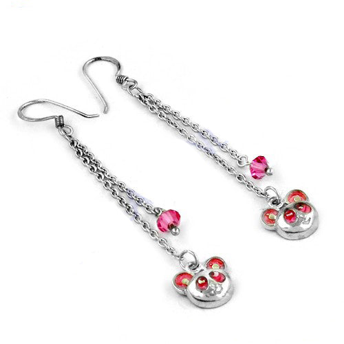 Silver bear dangle earrings for women | pink crystal jewelry